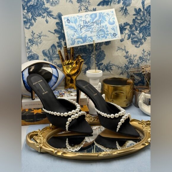 🆕 BLACK SUEDE STUDIO 🧿 NWOB Gigi 80 Pearl Black Satin Mule Sandals, Sz 40 US 9 - Picture 2 of 16